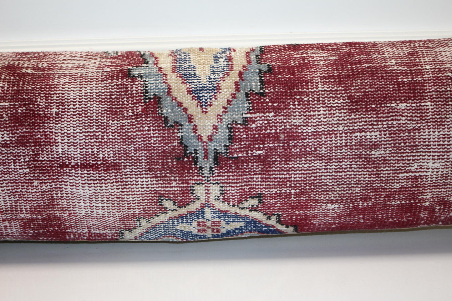 Long Crimson Weave Segment, Central Chevron Mark on Soft Ground, Horizontal Fabric Element 12X48