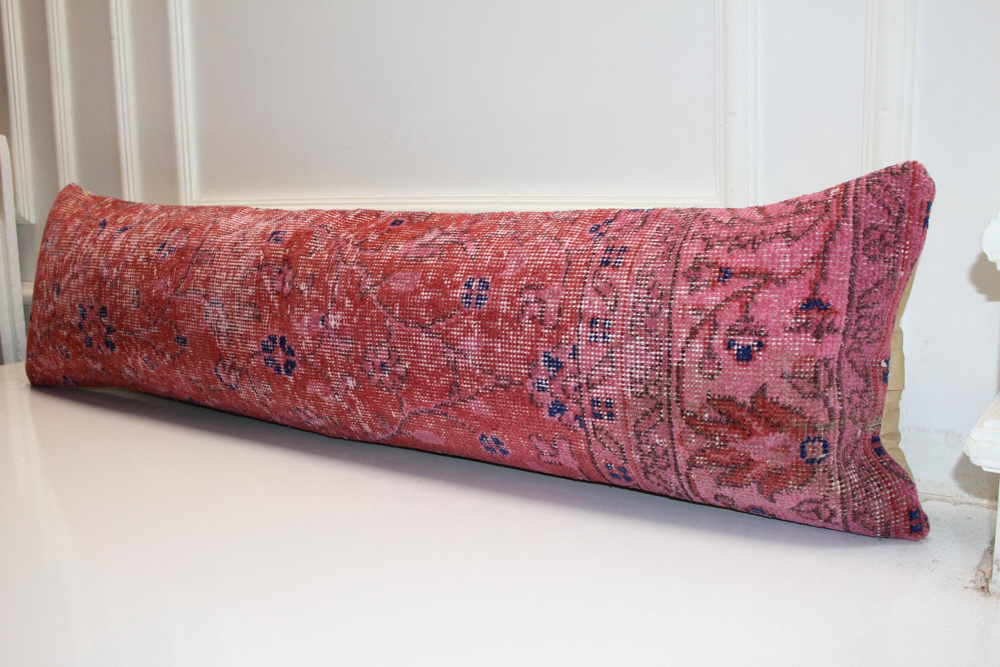 Long Rose-Toned Weave Strip, Scattered Blossom Impressions on Warm Field, Horizontal Fabric Accent 12X48