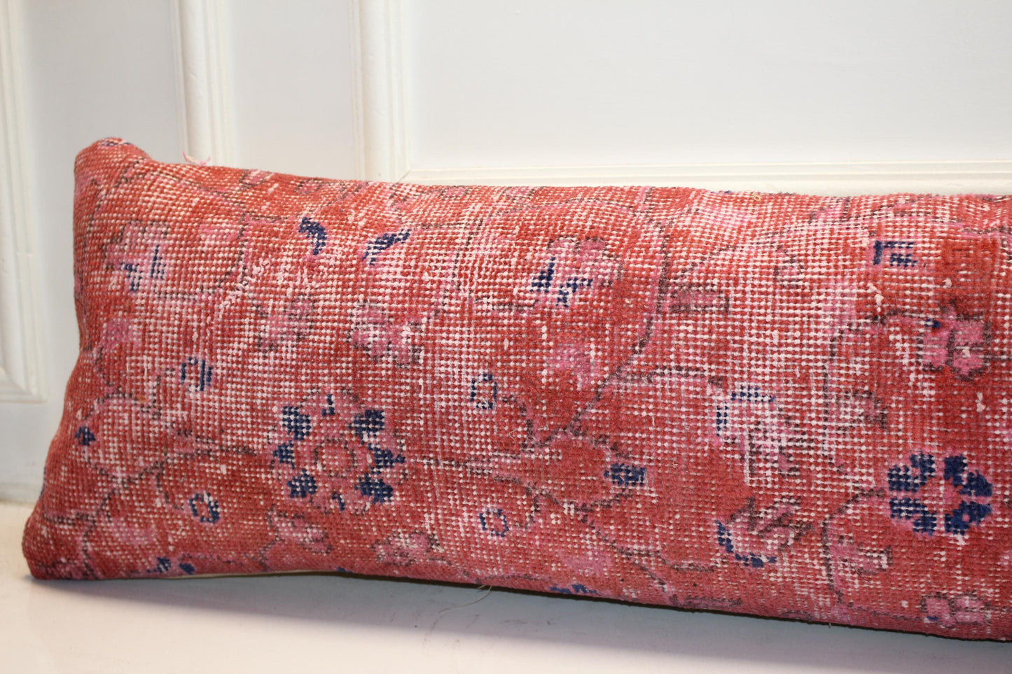 Long Rose-Toned Weave Strip, Scattered Blossom Impressions on Warm Field, Horizontal Fabric Accent 12X48