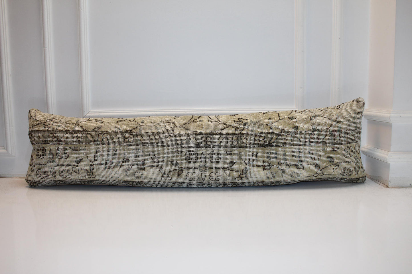 Long Neutral Weave Panel, Soft Botanical Mapping on Pale Base, Horizontal Fabric Detail 12X48