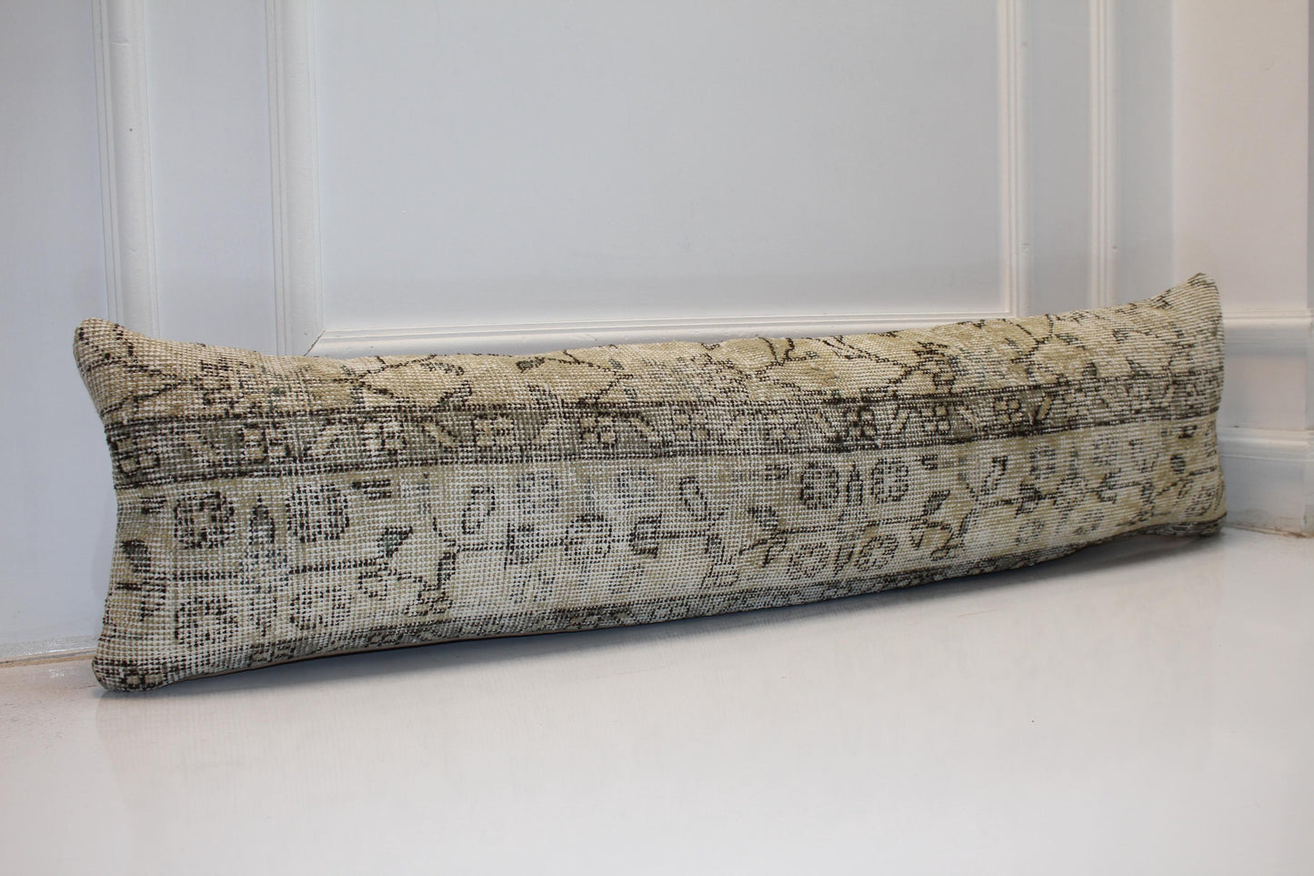 Long Neutral Weave Panel, Soft Botanical Mapping on Pale Base, Horizontal Fabric Detail 12X48