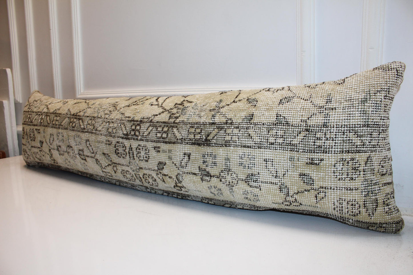 Long Neutral Weave Panel, Soft Botanical Mapping on Pale Base, Horizontal Fabric Detail 12X48