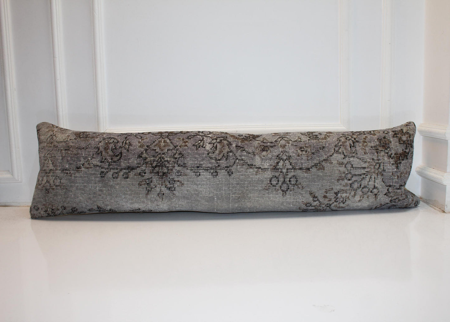 Long Grey Woven Piece, Faded Botanical Traces on Ash Base, Horizontal Soft Element 12X48