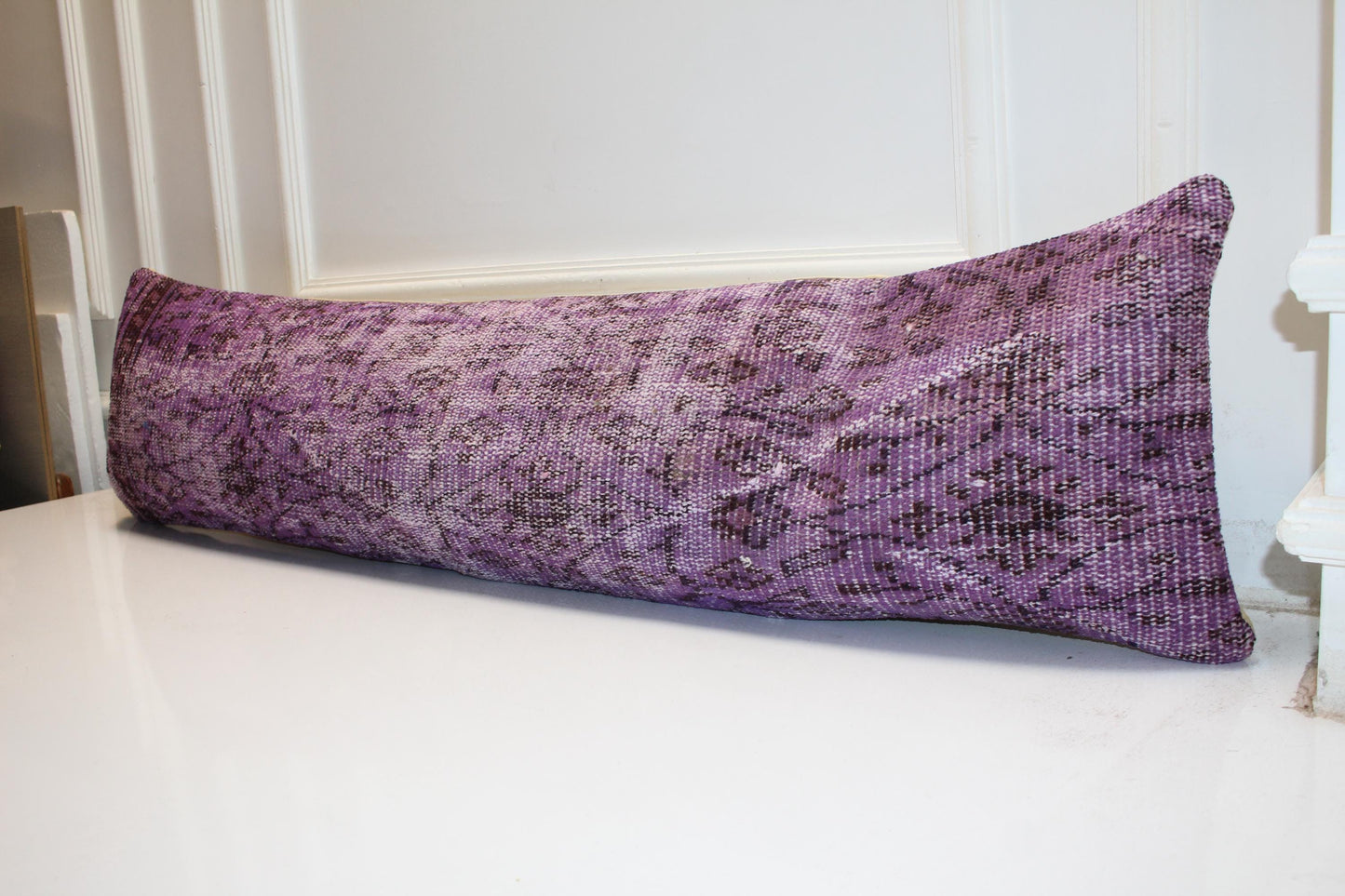 Handmade Purple Kilim Lumbar Pillow Cover, Boho Rug Decor (12x48 inc.)