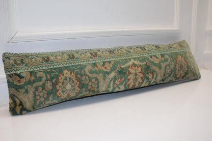 Teal Green Floral Rug Cushion, Antique Style Long Decorative Sofa Pillow