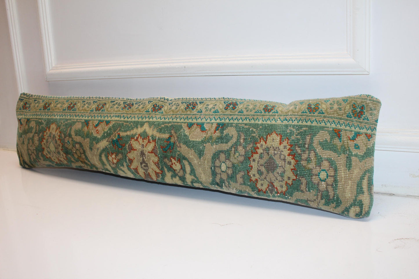 Teal Green Floral Rug Cushion, Antique Style Long Decorative Sofa Pillow