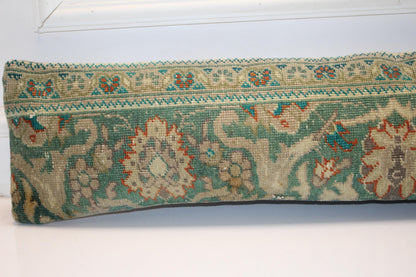 Teal Green Floral Rug Cushion, Antique Style Long Decorative Sofa Pillow