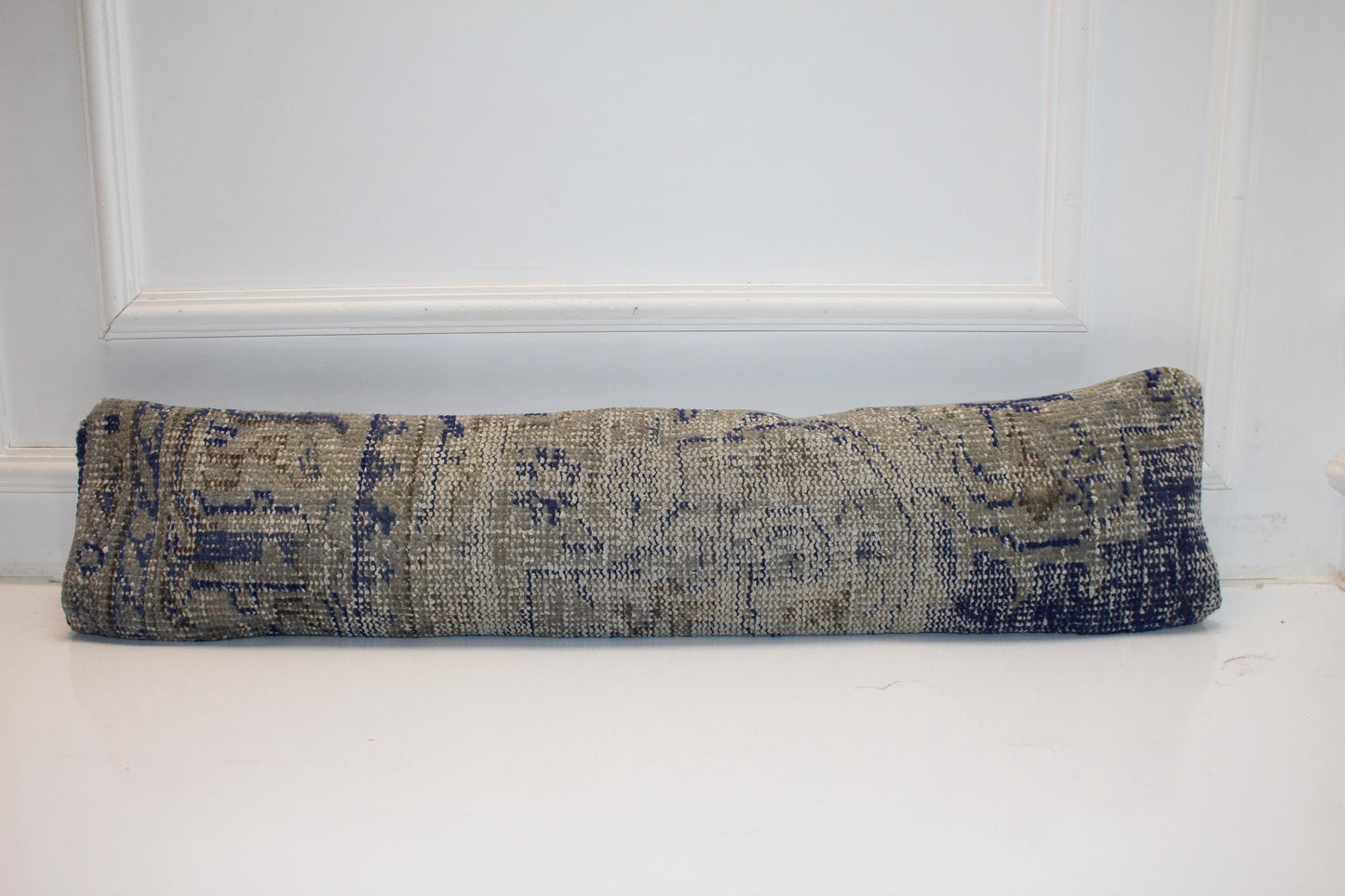 Blue Gray Geometric Rug Cushion, Calm Rustic Long Sofa Pillow
