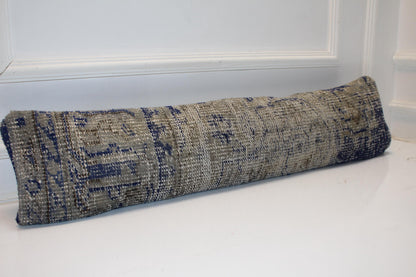 Blue Gray Geometric Rug Cushion, Calm Rustic Long Sofa Pillow