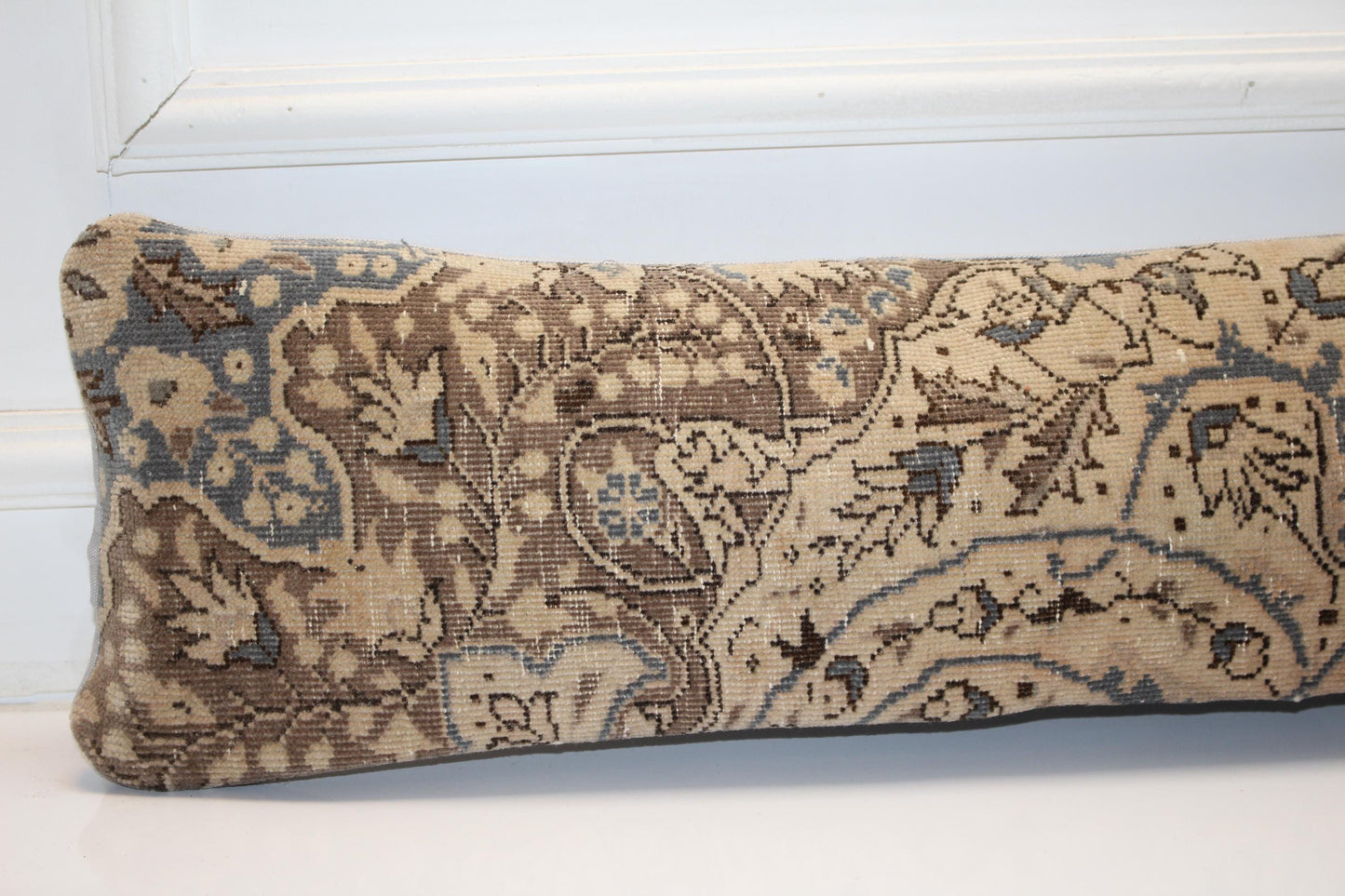 Beige Blue Floral Rug Cushion, Elegant Antique Style Long Sofa Pillow