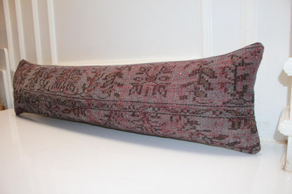 Handmade Turkish Kilim Lumbar Pillow Cover, Oxblood Red, 12x48