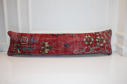 Antique Red Turkish Kilim Lumbar Pillow Cover, Vintage Woven Bench Cushion (12x48 )