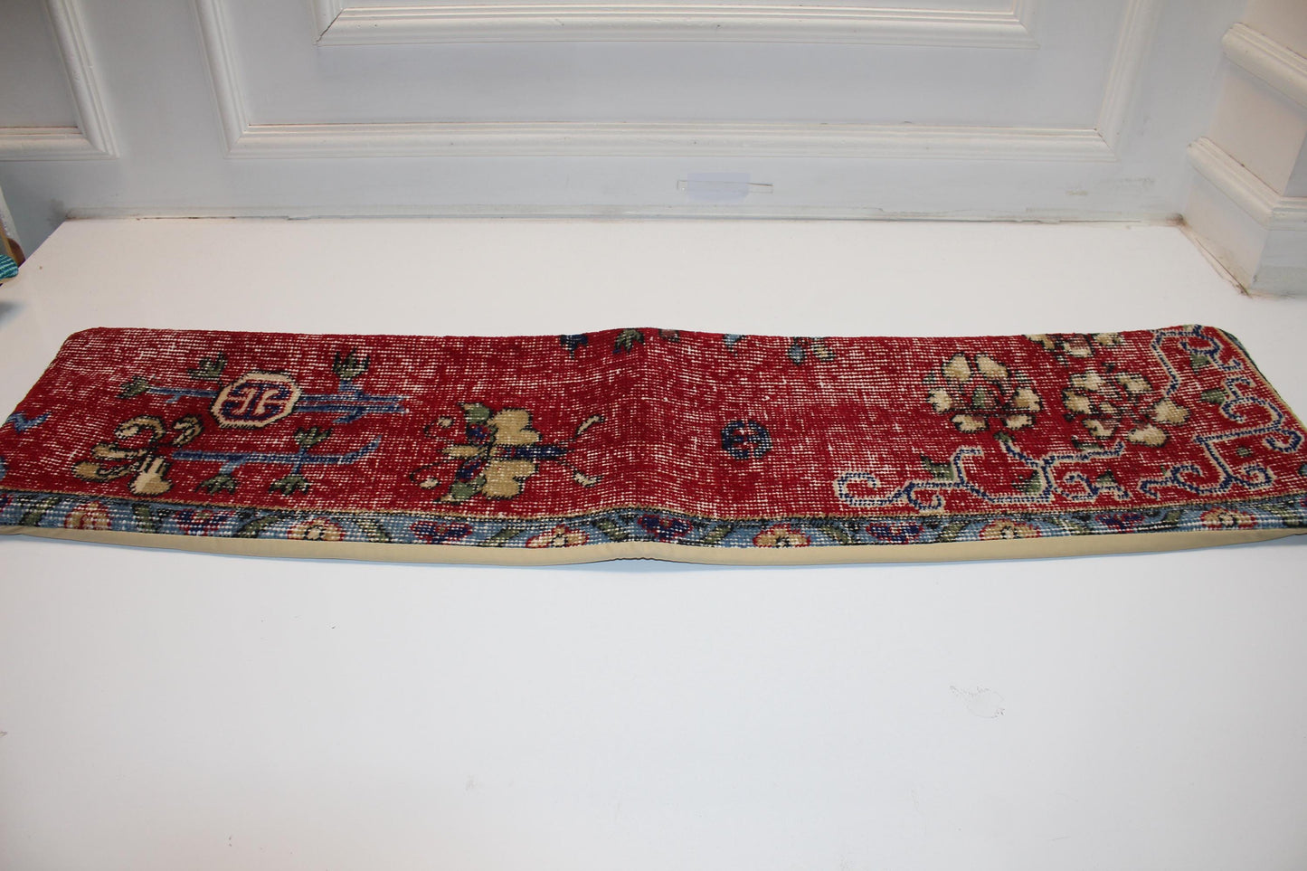 Antique Red Turkish Kilim Lumbar Pillow Cover, Vintage Woven Bench Cushion (12x48 )