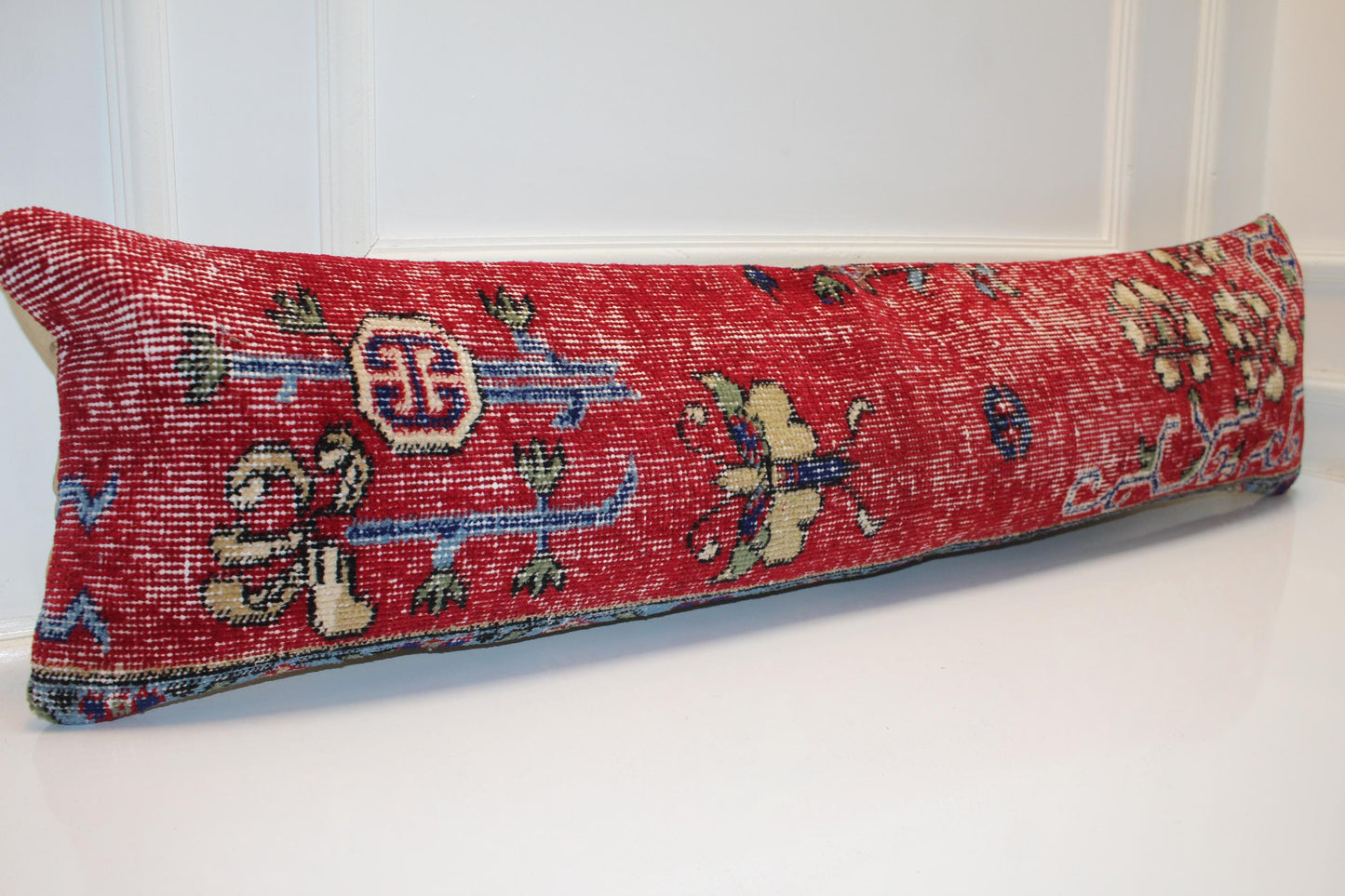 Antique Red Turkish Kilim Lumbar Pillow Cover, Vintage Woven Bench Cushion (12x48 )