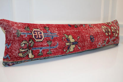 Antique Red Turkish Kilim Lumbar Pillow Cover, Vintage Woven Bench Cushion (12x48 )