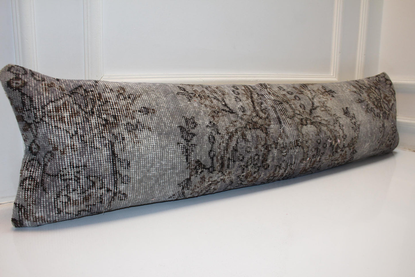 Handmade Gray Turkish Kilim Lumbar Pillow Cover, Upcycled Wool, 12x48