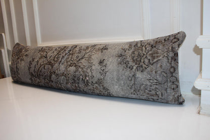 Handmade Gray Turkish Kilim Lumbar Pillow Cover, Upcycled Wool, 12x48