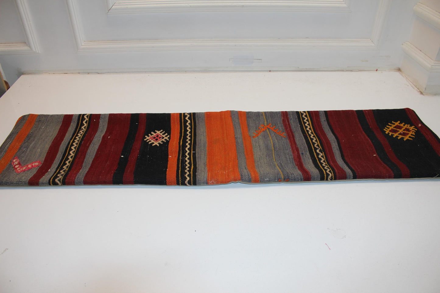 Vintage Turkish Kilim Lumbar Pillow Cover, Boho Bench Cushion 12x48