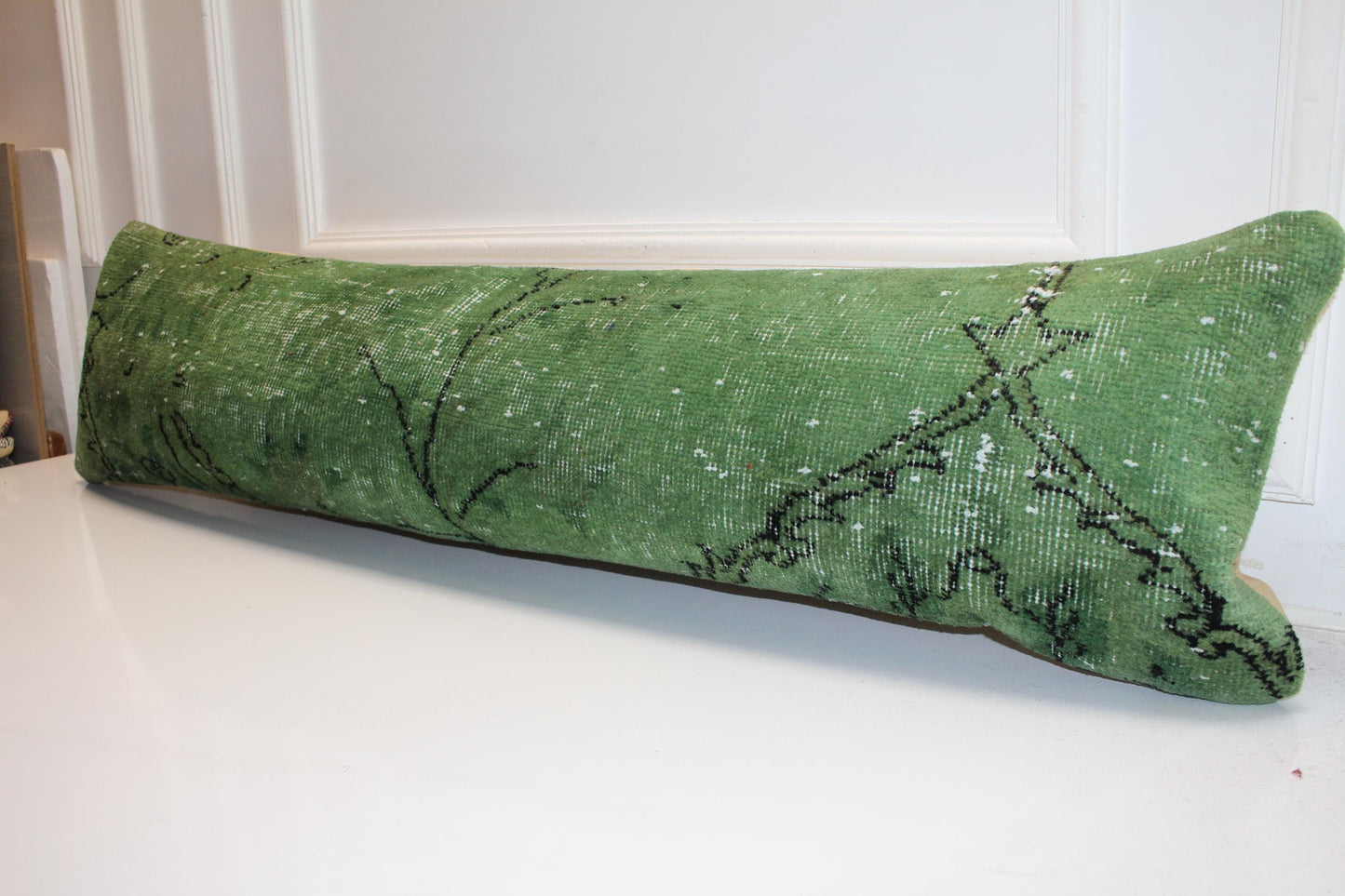 Handmade Olive Green Kilim Lumbar Pillow Cover, Upcycled Woven Rug, 12x48