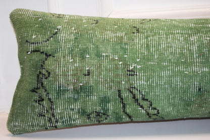 Handmade Olive Green Kilim Lumbar Pillow Cover, Upcycled Woven Rug, 12x48