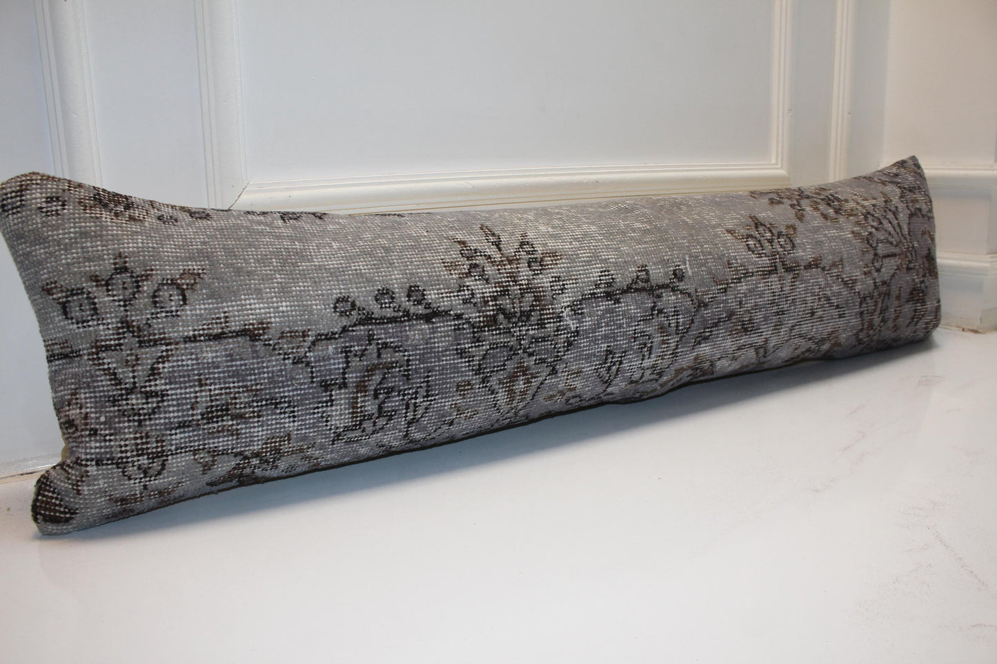Handmade Kilim Lumbar Pillow Cover, Charcoal Gray Floral Bench Cushion (12x48 inc.)