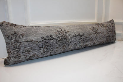 Handmade Kilim Lumbar Pillow Cover, Charcoal Gray Floral Bench Cushion (12x48 inc.)