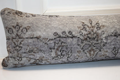 Handmade Kilim Lumbar Pillow Cover, Charcoal Gray Floral Bench Cushion (12x48 inc.)