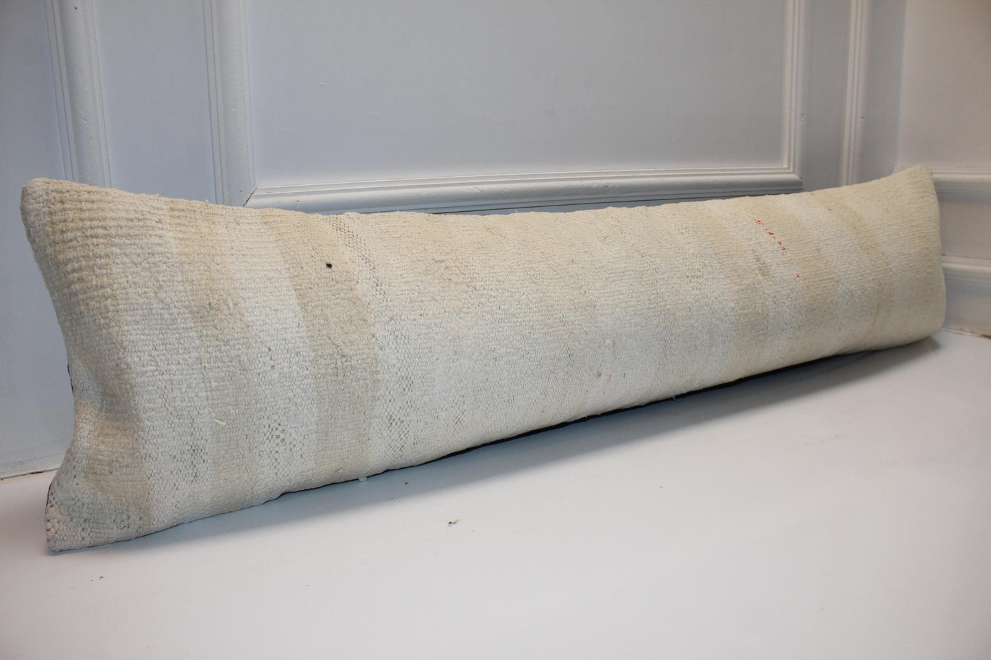 Handmade Cream Kilim Lumbar Pillow Cover, Soft Neutral Bench Cushion 12x48