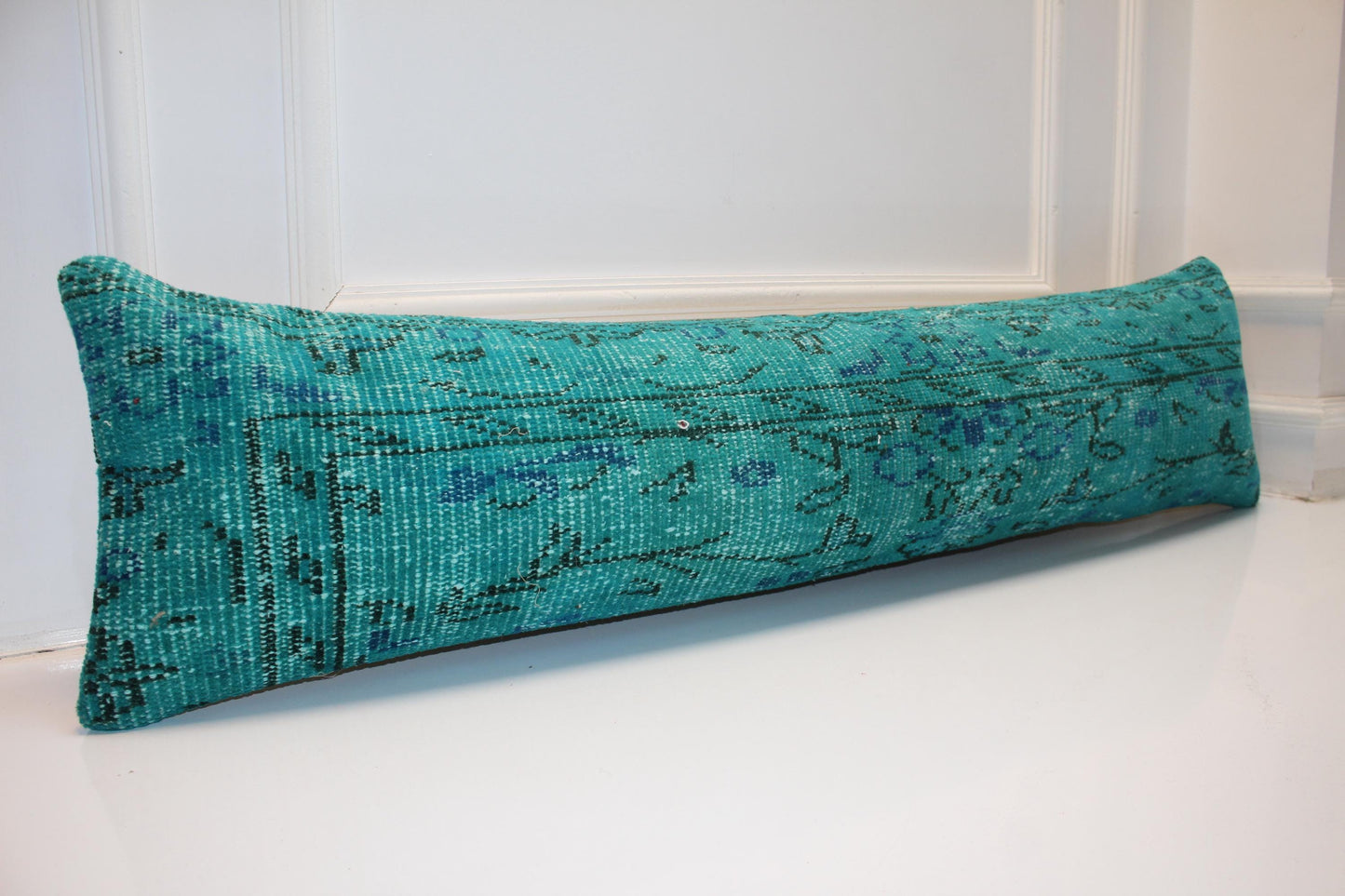 Handwoven Teal Kilim Lumbar Pillow Cover, Boho Bench Cushion 12x48