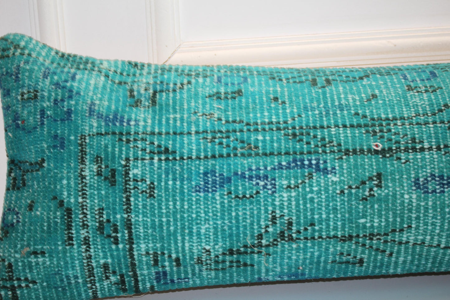 Handwoven Teal Kilim Lumbar Pillow Cover, Boho Bench Cushion 12x48