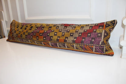 Vintage Turkish Kilim Pillow Cover, Handwoven Wool Lumbar Cushion 12x48