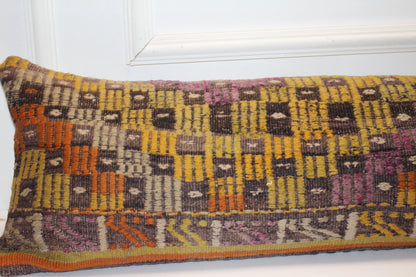 Vintage Turkish Kilim Pillow Cover, Handwoven Wool Lumbar Cushion 12x48