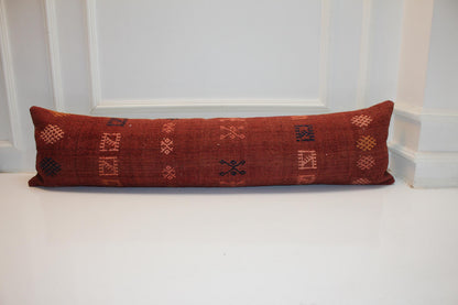 Handwoven Turkish Kilim Lumbar Pillow Cover, Rust Red Tribal Design, 12x48