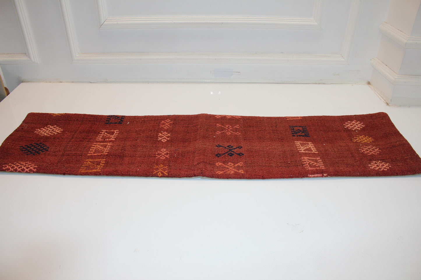 Handwoven Turkish Kilim Lumbar Pillow Cover, Rust Red Tribal Design, 12x48