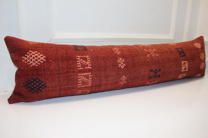 Handwoven Turkish Kilim Lumbar Pillow Cover, Rust Red Tribal Design, 12x48