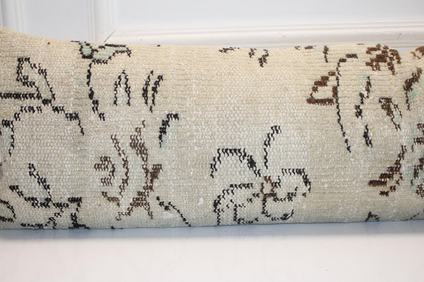 Handwoven Turkish Kilim Lumbar Pillow Cover, Beige Anatolian Bench Cushion (12X48 )