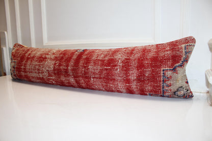 Vintage Red Turkish Kilim Lumbar Pillow, Boho Bench Cushion 12x48