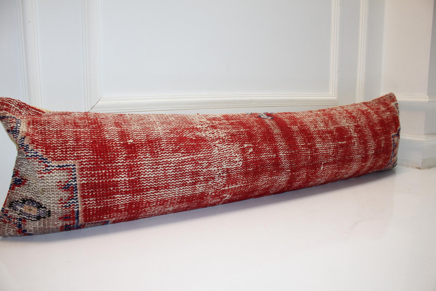Vintage Red Turkish Kilim Lumbar Pillow, Boho Bench Cushion 12x48