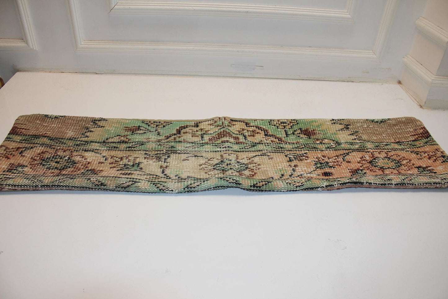Vintage Turkish Kilim Lumbar Pillow Cover, Muted Green Floral, Boho Farmhouse 12x48