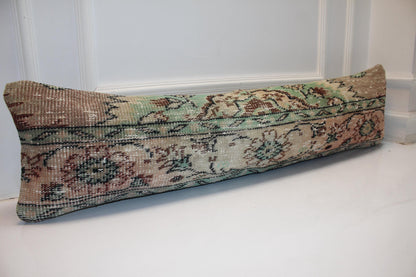 Vintage Turkish Kilim Lumbar Pillow Cover, Muted Green Floral, Boho Farmhouse 12x48