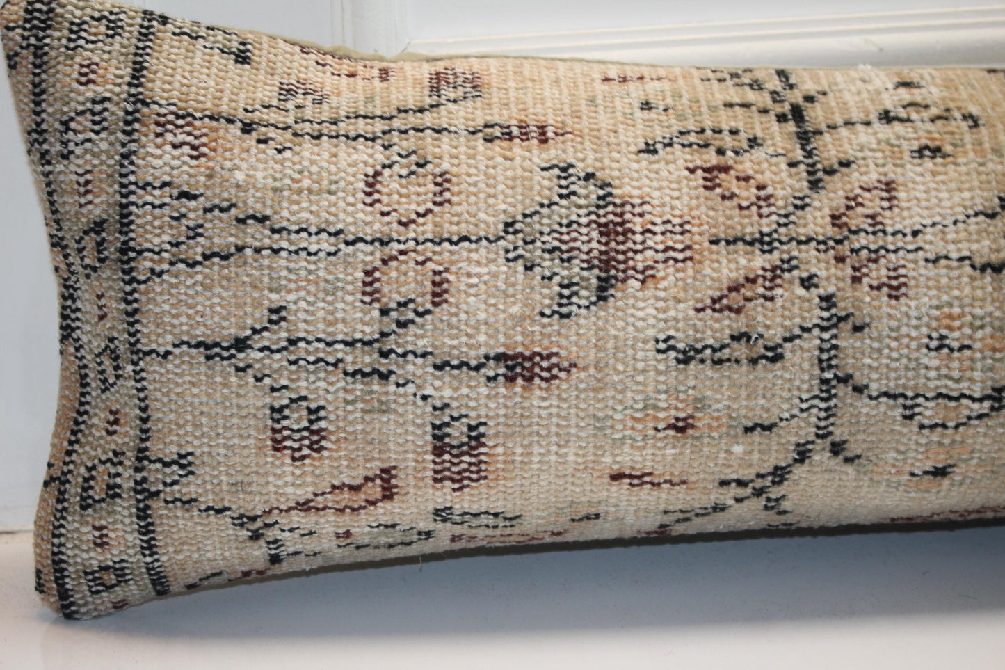 Vintage Turkish Kilim Lumbar Pillow Cover, Neutral Woven Rug Cushion, 12x48