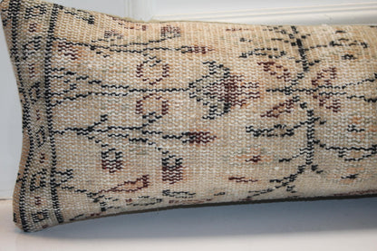 Vintage Turkish Kilim Lumbar Pillow Cover, Neutral Woven Rug Cushion, 12x48