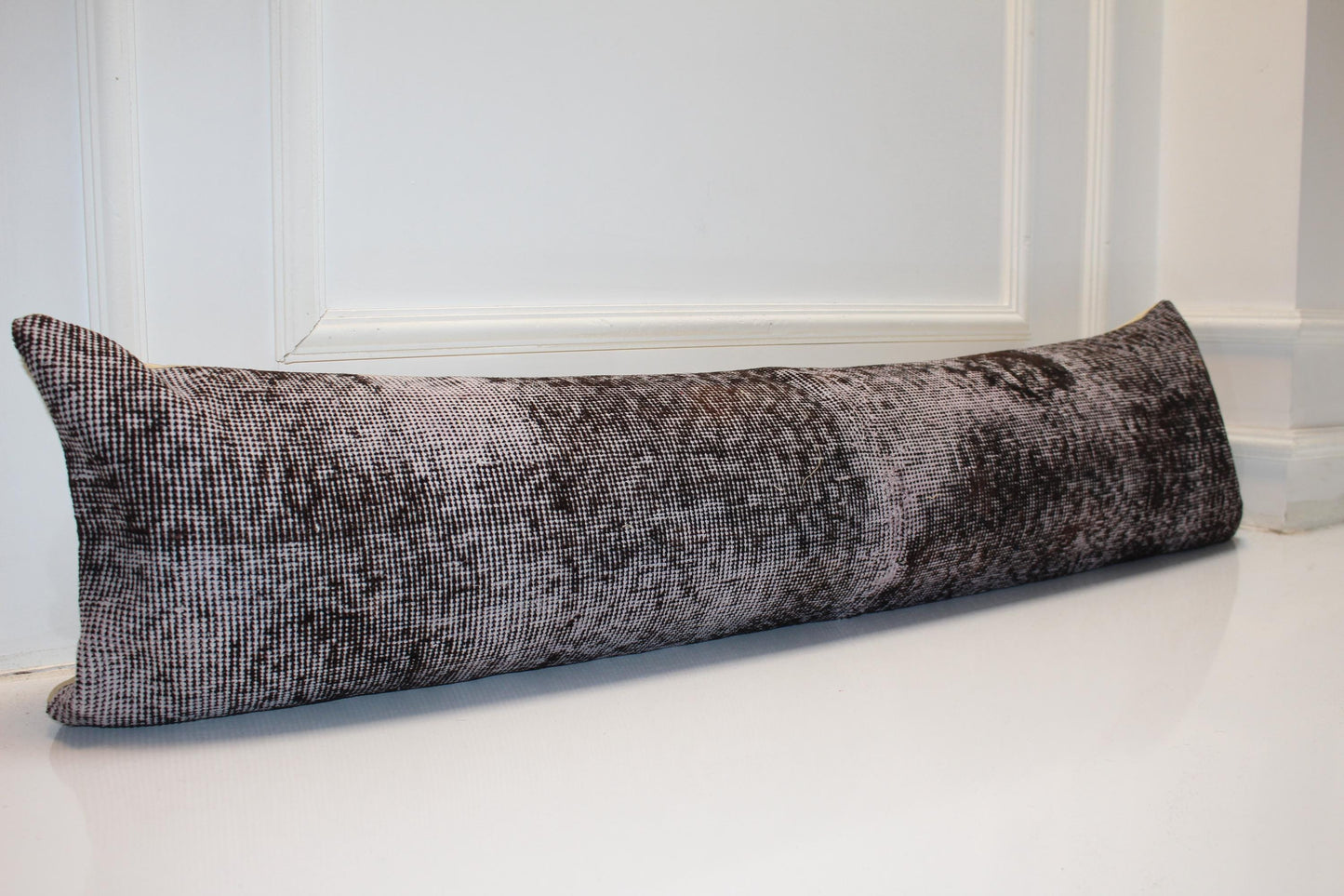 Vintage Turkish Kilim Lumbar Pillow Cover, Dark Brown Boho Cushion 12x48