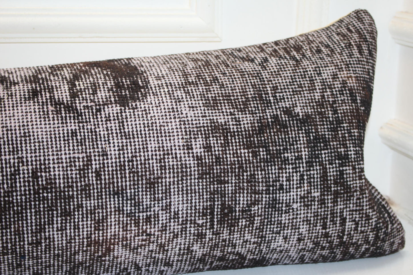 Vintage Turkish Kilim Lumbar Pillow Cover, Dark Brown Boho Cushion 12x48