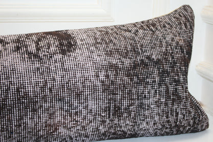 Vintage Turkish Kilim Lumbar Pillow Cover, Dark Brown Boho Cushion 12x48