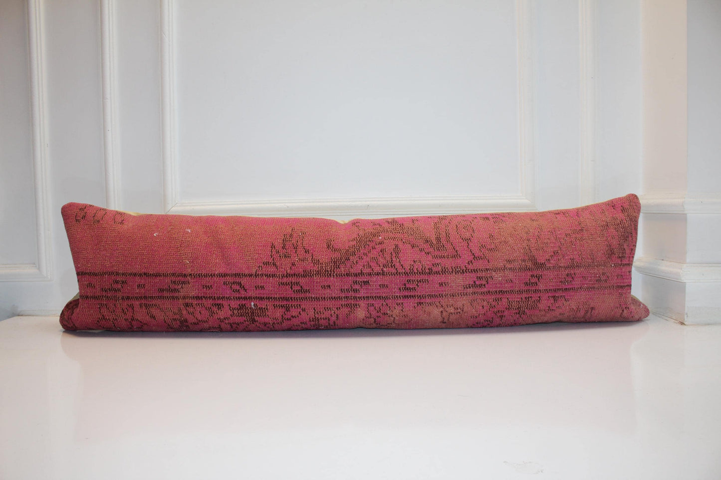 Vintage Turkish Kilim Lumbar Pillow Cover, Red Pink Boho Cushion (12X48)
