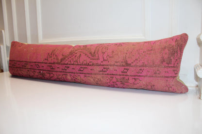 Vintage Turkish Kilim Lumbar Pillow Cover, Red Pink Boho Cushion (12X48)