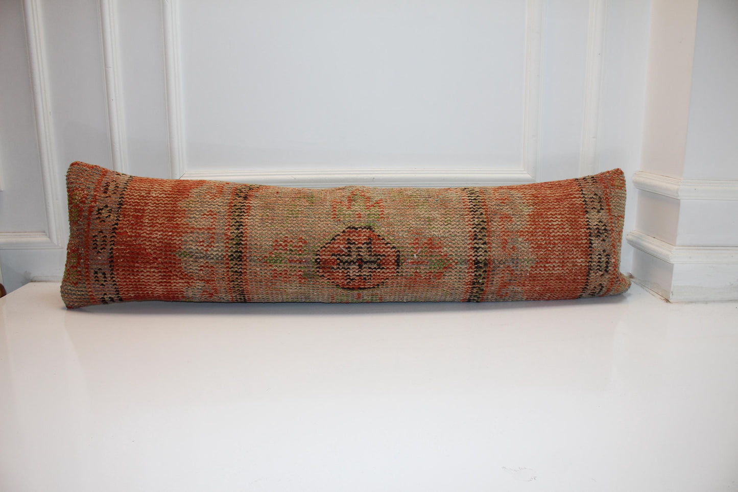 Vintage Turkish Kilim Lumbar Pillow Cover, Orange Earth Tone, Boho Cushion 12x48