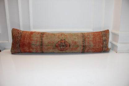 Vintage Turkish Kilim Lumbar Pillow Cover, Orange Earth Tone, Boho Cushion 12x48