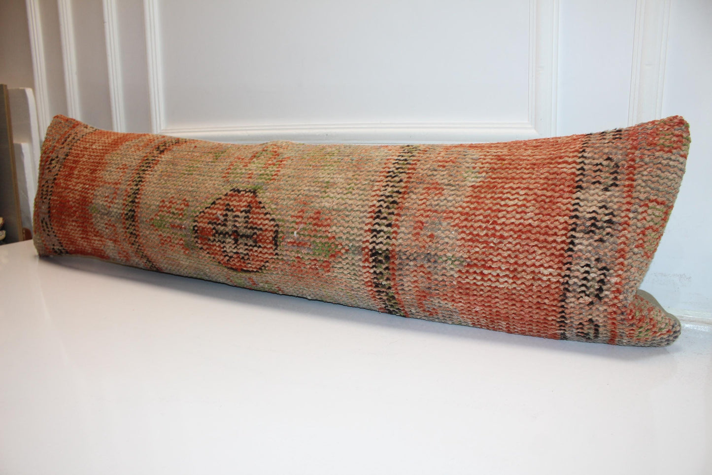 Vintage Turkish Kilim Lumbar Pillow Cover, Orange Earth Tone, Boho Cushion 12x48